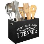 AMRTA Wooden Utensil Holder Bamboo Organiser Kitchen Utensils Cutlery Holder with 2/3 Compartments, Wood Cutlery Caddy Holders, Cooking Tools Set Storage Pots (Dark with 2 Compartments)