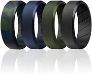 ROQ Silicone Rubber Wedding Ring for Men, Comfort Fit, Men's Wedding Band, Breathable Rubber Engagement Band, 8mm Wide 2mm Thick, Beveled Edge, 4 Pack, Olive Blue Camo, Black, Blue, Green, Size 9