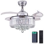 DuMaiWay 36" Dimmable Fandelier Crystal Ceiling Fan with Lights and Remote Modern Invisible Retractable Blades Chandelier Ceiling Fan Light Kit for Bedroom Living Room -Polished Chrome