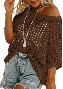 Dokotoo Womens Casual Spring Summer Crochet Hollow Out Sweaters Top 2025 Off Shoulder Pullover Shirt Short Sleeve Lightweight Knit Tops Bathing Suit for Women Desert Palm Medium