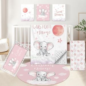 KAINSY Personalized Nursery Bedding Set, 5 Pcs - Custom Baby Girl Elephant Bedding, Toddlers Bedding Set with Name, Double Layer, Customized Gift for Infant Kid