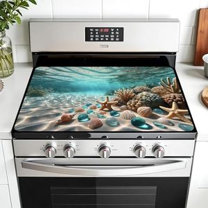 AOHMPT Multi-Design Stove Top Cover for Glass/Electric Stoves - 3-in-1 Heat-Resistant Protector Mat, Non-Slip Drying Rack 30" L x 21" W (Seabed)