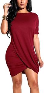 Ophestin Women's Short Sleeve Wrap Mini Dress Solid Color Summer Bodycon Tight Ruched T Shirt Mini Short Dresses Wine S