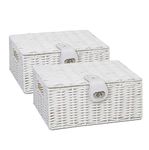 2 x Arpan Resin Woven Storage Hamper Basket Box With Lid & Lock (White - Small)