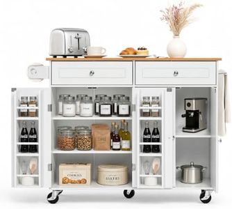 VEVOR Kitchen Island Cart with Storage, 47.64 in Wide Mobile Rolling Storage Island on Swivel Wheels, with 2 Drawers, Storage Cabinet, Drop Leaf, Towel Rack, Table for Home Dining Room, White