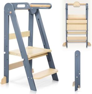 CONKKA Foldable Toddler Kitchen Wood Step Stool with Hook, Pre-Assembled Wooden Folding Montessori Learning Helper for Kids, Standing Tower with 3 Adjustable Height Stepping for Counter Sink-Gray