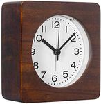 AROMUSTIME 3-Inches Square Wooden Alarm Clock with Arabic Numerals, Non-Ticking Silent, Backlight, Battery Operated, Brown