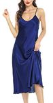 Lovasy Satin Nightdress for Women UK Long Negligees Strap Chemise Silk Nighties for Women V Neck Full Slips Sleepwear Nightwear,Dark Blue,XXL