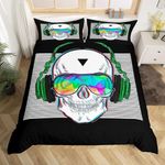 Homewish Music Skull Bedding Sets Single Size White Stripes Duvet Cover Punk Rock Headphones Skull Comter Cover Kid Teens Kids Modern Style Bedroom 2 Pcs Bedding Set 1 Pillow Sham, Multi 14