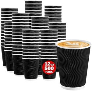 Lamosi Coffee Cups 12 oz 500 Pack, Black Disposable Cups, Corrugated Paper Cups 12 oz, Ripple Wall Insulated Water Cups for Hot Beverage