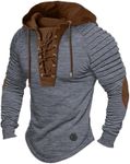 ShallWe Men's Henley Shirt Hooded Long Sleeve Lace Up Vintage Solid Casual T-shirt Tactical Patchwork Western Tee Sports, Grey, X-Large