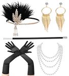 1920's Flapper Accessory Set for Women Great Gatsby Costume Accessories 20s Headband Headpiece Pearl Necklace Gloves (5 Pieces Set 1)