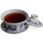YXHUPOT Gaiwan Blue White Porcelain Teacup Sancai Tea Cup Saucer Cover Set Showy Peony (300ml)