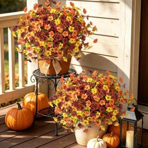INQCMY Artificial Fall Flowers for Outdoors 24 Bundles Fake Mums Faux Silk Daisy in Planter UV Resistant Look Real for Home Front Door Porch Patio Garden Balcony Autumn Decor