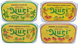 NURI Portuguese Sardines Variety Pack | 4 Pack Bundle | One of Each | Pure Olive Oil, Spiced Pure Olive Oil, Tomato and Olive Oil AND Spiced Tomato and Olive Oil