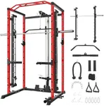 Power Cage with Smithbar, 1600 Lbs Power Rack with LAT Pulldown, Multi-Functional Squat Rack with Cable Pulley System, Dip Handles and J-Hooks, Power Cage for Home Gym Equipment (Red)