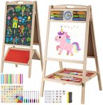 Kids Wooden Easel with Abacus, Double Sided Magnetic Drawing Board Dry Erase Whiteboard & Chalkboard， Foldable Easel for Toddlers 2-4 Years Painting Easel Kids 3-6