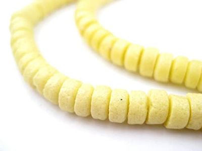 Light Yellow Sandcast Disk Beads - Full Strand of 7mm African Rondelle Donut Glass Beads from Ghana - The Bead Chest