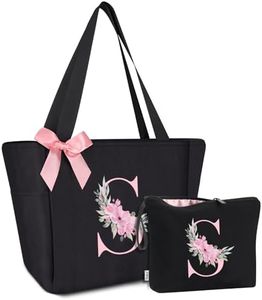Vavabox Tote Bag, A-Z Initial Monogrammed Waterproof Tote Bag, Bridesmaid Gifts for Women, Black and Pink (S, Black Set)