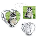 NINGAN Personalized Photo Charms 925 Sterling Silver for Bracelets Necklaces, Customized Engraved Heart Round Bead Dangle for Women Girls Wife, Silver, Cubic Zirconia