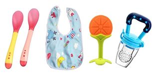 Manan Shopee Toddler Silicone Baby Needs Items All In One 1-Baby Bib (Print May Vary) 1-Feeder 2 Color Changing Temper-Sensor Spoon And 1-Teether (Combo Pack) (Blue)