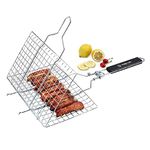 Harivar Mart Portable Nonstick BBQ Grilling Basket, Stainless Steel Grill Wire Net Long,Grilling Basket with Wood Handle for Fish,Vegetables, Steak,Shrimp, Chops and Many Other Food Silver