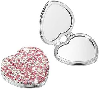 AsAlways Rhinestone Compact Pocket Mirror Portable Travel Cute Cosmetic Mirror Folding Handheld Double-Sided 1x/2x Magnifying Purse Mirror(Pink)