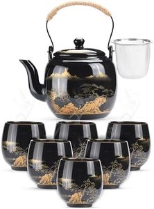 Kitchtic Japanese Porcelain Tea Set: Authentic Ceramic Teapot & Cups - Elegant Design for Tea Parties and Daily Use - Microwave & Dishwasher Safe - Ideal Gift for Tea Enthusiasts - 7 Pcs - Black