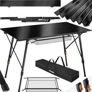 tectake® Campingtisch, Klapptisch aus Aluminium, aufrollbare XXL Tischplatte, Campingtisch faltbar, Reisetisch, Gartentisch, wetterfest, höhenverstellbare Beine, Tragetasche, 120 x 70,5cm - schwarz