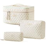 HBselect 3 PCS Quilted Makeup Bag, Cotton Large Travel Makeup Bag, Cute Floral Coquette Make up Bag Cosmetic Bag Toiletry Bag for Women Girls