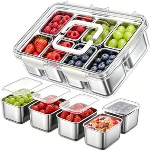 Stainless Steel Snackle Box Container, Dishwasher Safe Snack Box with 8 Removable Compartments, 142oz Large Capacity Divided Serving Tray with Lid and Locking Clips for Fruit Snacks Nut Picnic Travel