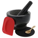 Granite Mortar and Pestle Set - Molcajete - Guacamole Bowl With Polished Exterior, Stylish Dark Grinder And Crusher - WITH Wooden Spoon, Silicone Mat & Scraper, And Dip Recipe Ebook