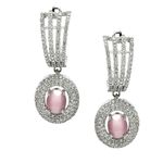 ZENEME Rhodium-Plated American Diamond Studded Handmade Oval Shaped Drop Earrings For Girls and Women (Pink)