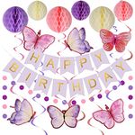 Purple Birthday Decoration, Purple Happy Birthday Banner with Honeycomb Ball, Butterflies Hanging Swirl Streamer, Circle Dot Garland Decoration, Birthday Party Decoration for Women Girl