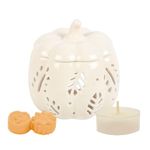 Off White Autumn Leaves Pumpkin Ceramic Oil Burner Wax Melter Starter Gift Set with Two Assorted Highly Scented Soy Wax Melts and One Unscented Soy Wax Tealight Candle