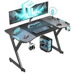 Gaming Desk with LED Lights, Home Office Gamer Desk, Ergonomic Computer Table with Large Carbon Fiber Desktop, 55 INCH Office Workstation with Mouse Pad, Cup Holder & Headphone Hook, Black