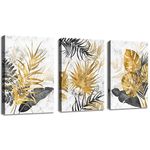 FajerminArt 3 Pieces Modern Canvas Wall Art Marble Tropical Grey Gold Leaves Pictures Printed Art Painting for Living Room Bedroom Office, Ready To Hang, Stretched On Frame, 30x40cmx3 Pcs