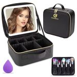 Oceanevo Small Cosmetic Organizer Bag with Rechargeable LED Mirror and Makeup Sponge Included, Makeup Vanity Box with 3 LED Brightness Modes and Adjustable Dividers - 26 x 23 x 11 Cm - Black PU