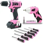 Pink Power Drill Set for Women 20V Pink Cordless Drill Driver Tool Kit for Ladies, 3.6V Electric Screwdriver and 6 Piece Flat and Phillips Head Hand Tool Set - Electric Drill Set w/Battery & Charger