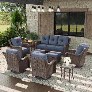 Aeeiua 9 Piece Patio Furniture Set, All-Weather Wicker Outdoor Conversation Set with Swivel Rocking Chair and 6 Inch Thick Cushions