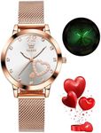 OLEVS Ladies Watch Japanese Quartz Rose Gold Stainless Steel Mesh Strap Diamond Luxury Dress Waterproof Luminous Bracelet Sets (White)