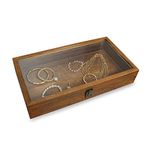 MOOCA Wood Glass Top Jewelry Display Case Accessories Storage, Wooden Jewelry Tray for Collectibles, Home Organization Box with Metal Clasp and Tempered Glass Top Lid, 2.75 Inch High, Brown