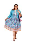 DEEBACO Women' s Fit and Flare Midi/Knee Length Cotton Plus Size Dress for Women Floral Printed Summer One Piece Shrug A-Line Dresses with Jacket for Girls (DBDR00000349A_5XL_Turquoise Blue)