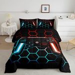 Gamer Bedding Sets for Boys Full Size Gaming Comforter Set for Kids Young Man,Gradient Diamond Shape Down Comforter Game Home Decor 3 Piece,Neon Light Game Controller Quilted Duvet + 2 Pillow Shams