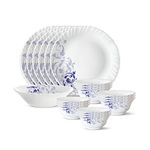 Larah by Borosil Blue Eve Silk Series Opalware Dinner Set | 19 Pieces for Family of 6 | Microwave & Dishwasher Safe | Bone-Ash Free | Crockery Set for Dining & Gifting | Plates & Bowls | White