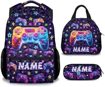 KNOWPHST Gamer Backpack for Boys School Bag 3 Pcs Set with Lunch Box and Pencil Case; Personalized Name Gaming Bookbag for Kids Teens Elementary Middle School 17 Inch