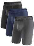 DAVID ARCHY Men's Bamboo Underwear Boxer Briefs Breathable and Soft with Fly Underwear Long Leg 8 inch 3 Pack (S, Black/Dark Gray/Navy Blue - 8 inch in 3 Pack)