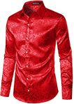 PARKLEES Men's Luxury Jacquard Long Sleeve Dress Shirt Slim Fit Satin Slik Like Floral Printend Shirts for Wedding Party Prom Red M