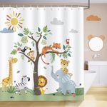 Bonhause Kids Animals Shower Curtain Lion Elephant Giraffe Bathroom Curtain 180 x 180 cm Waterproof Mildew & Mould Resistant Polyester Fabric Bath Curtain with 12 Hooks