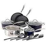 Kitchen Academy 15 Pieces Non-Stick Cookware Set, Nonstick Induction Granite-Coated Pot Pan Set, Includes Lids, Frying and Pans Accessories - Aluminium Hammered Blue